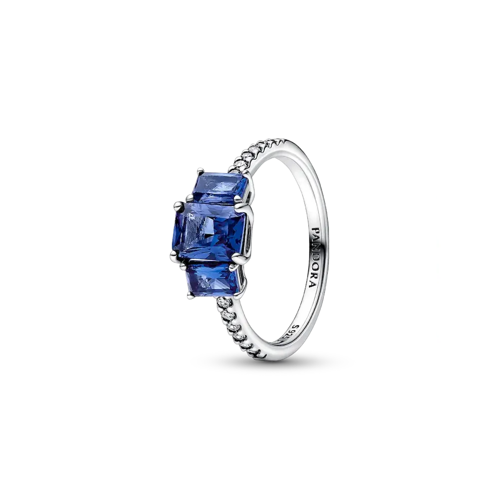 Blue Rectangular Three Stone Sparkling Ring