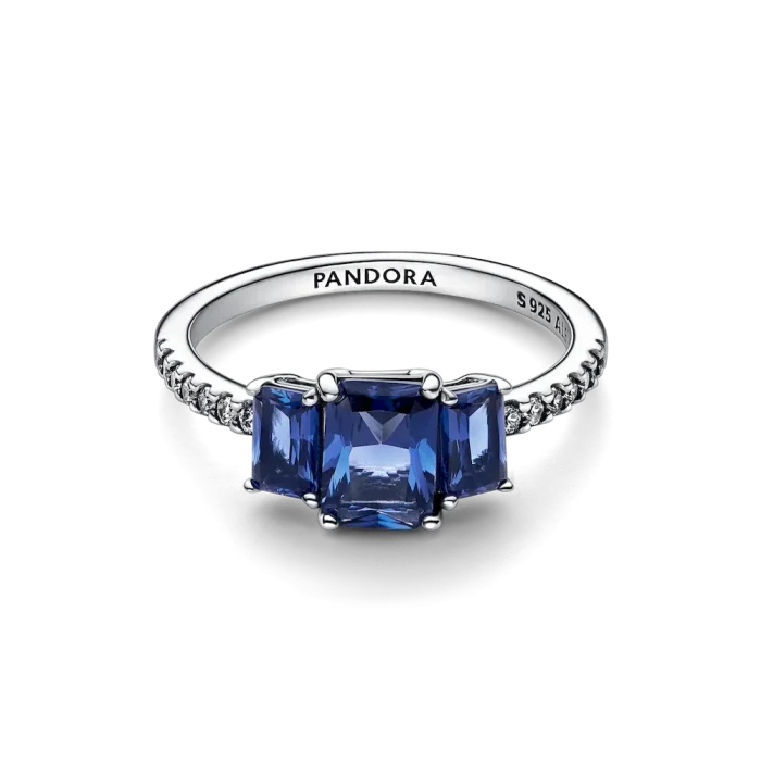 Blue Rectangular Three Stone Sparkling Ring - Image 4