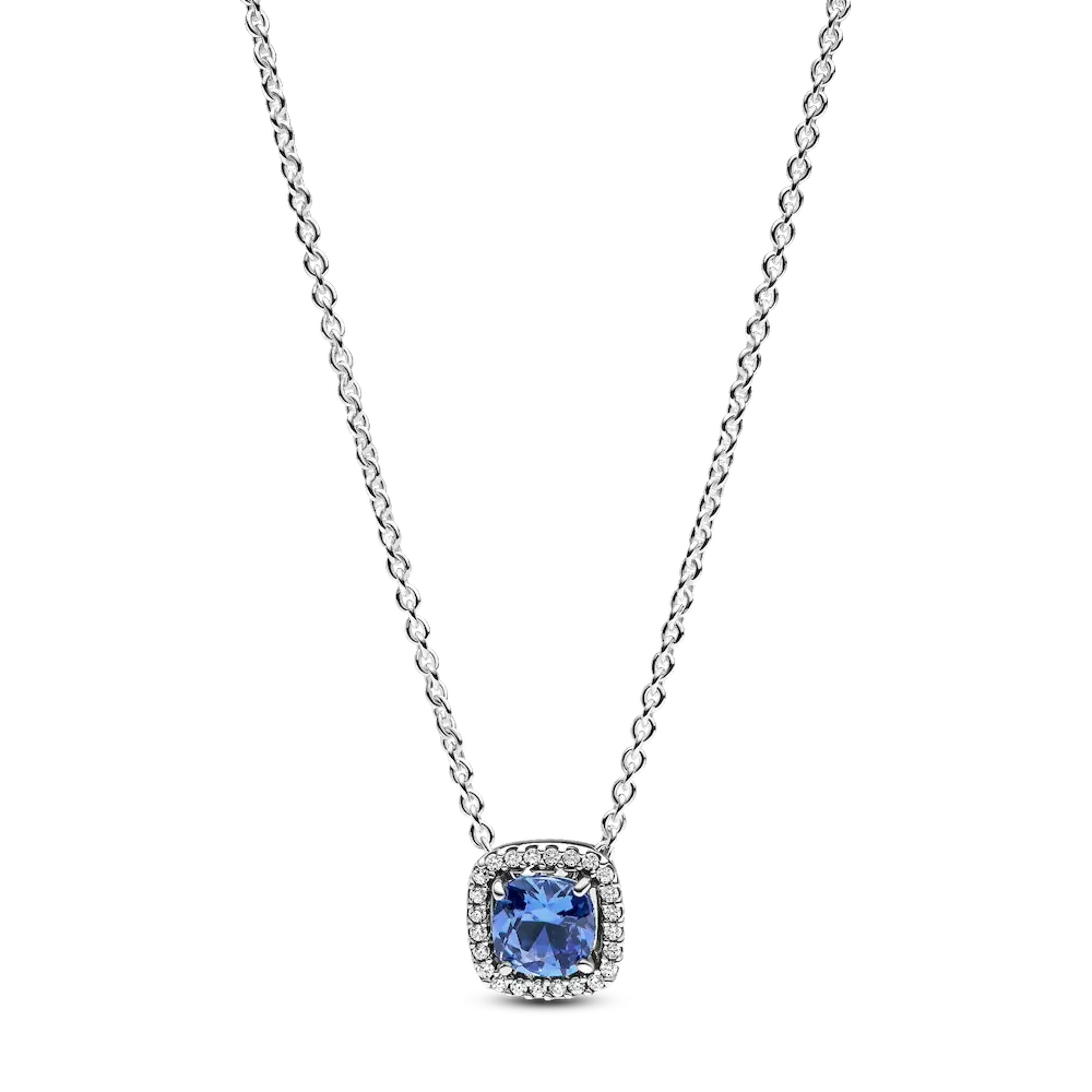 Sparkling Square Blue Halo Pendant Necklace