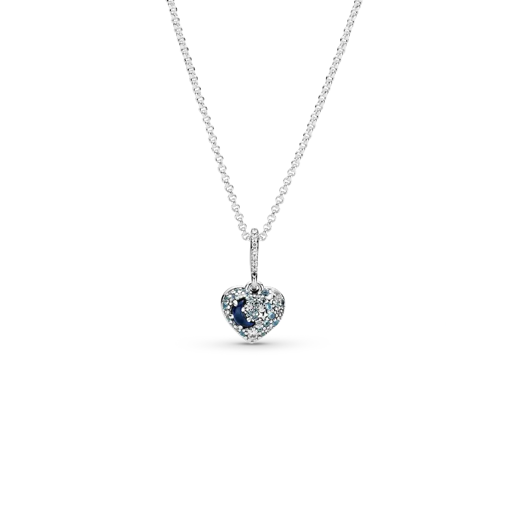 Sparkling Blue Moon & Stars Heart Necklace