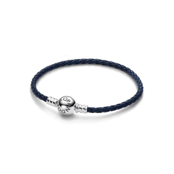 Pandora Moments Round Clasp Blue Braided Leather Bracelet - Image 2