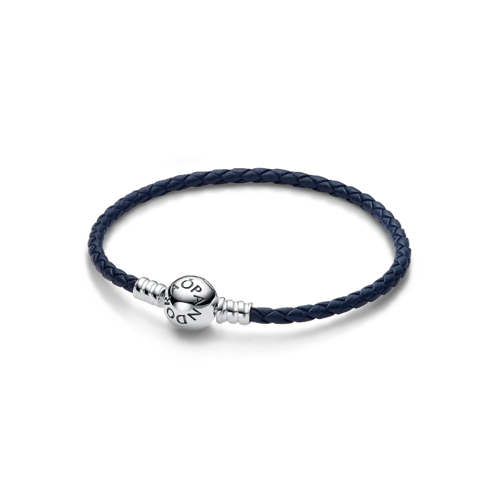 Pandora Moments Round Clasp Blue Braided Leather Bracelet