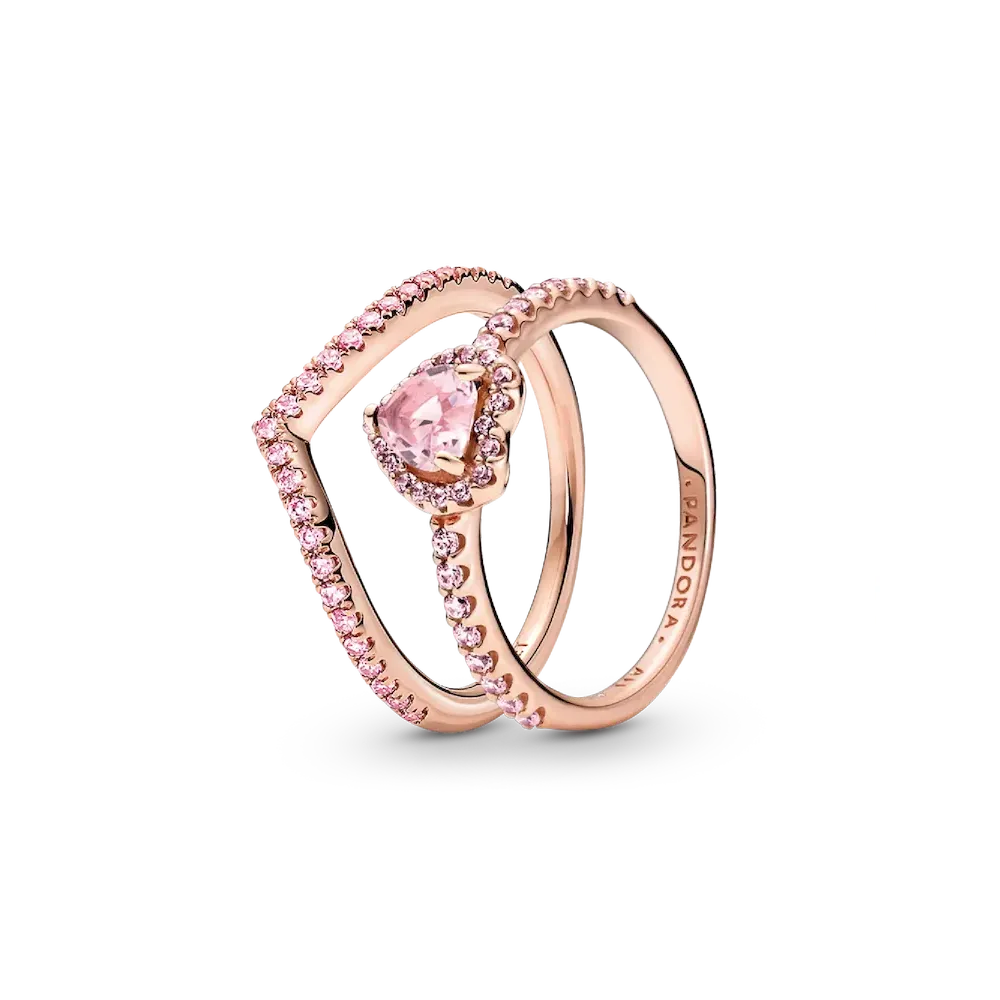 Sparkling Pink Heart Wishbone Ring Set