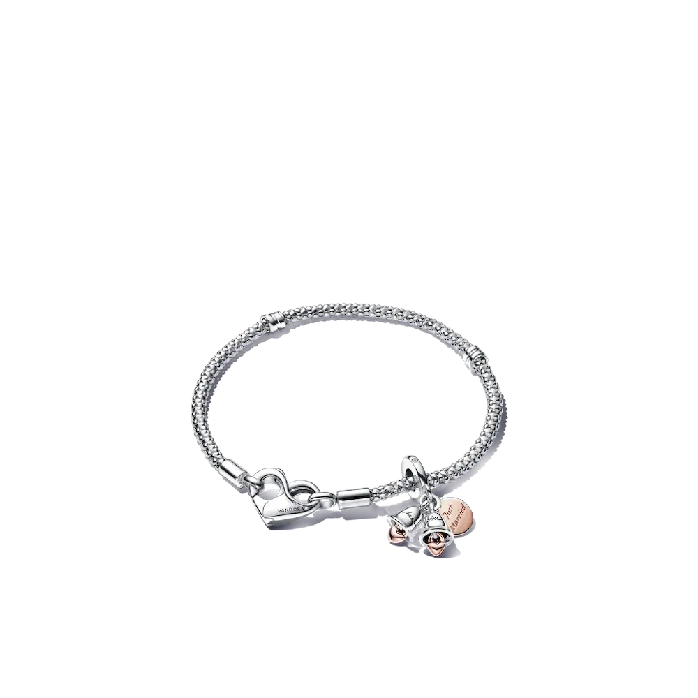 Just Married Two-Tone Wedding Bells Charm & Bracelet Set