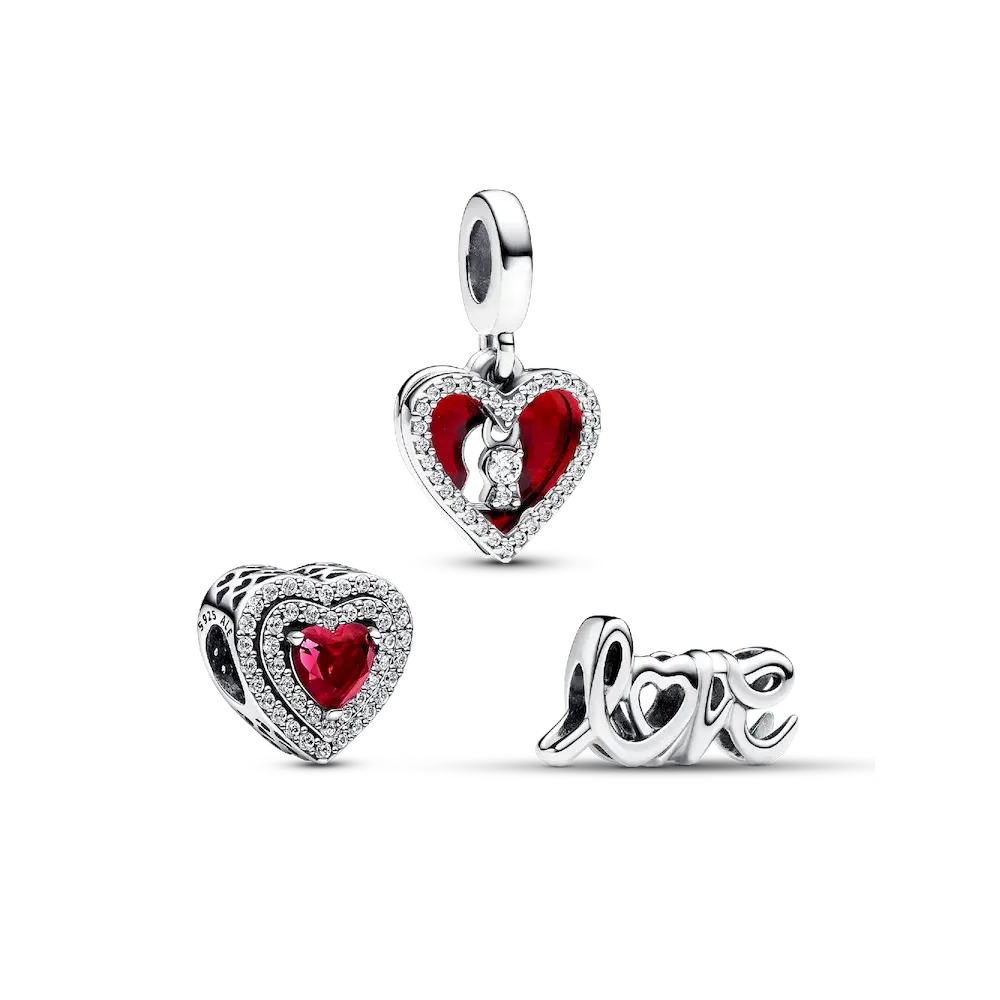Sparkling Red Heart Dangle Charm Trio