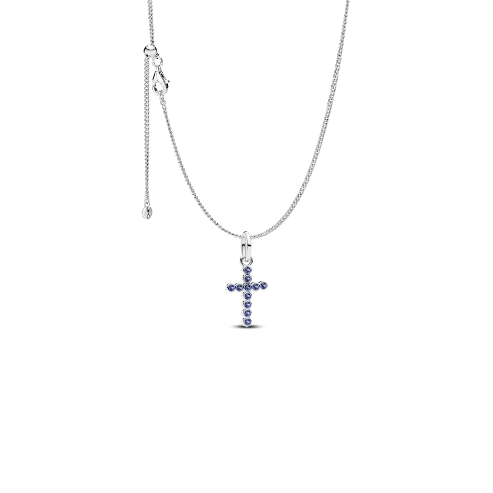 Sparkling Blue Round Bezel Cross Pendant Necklace