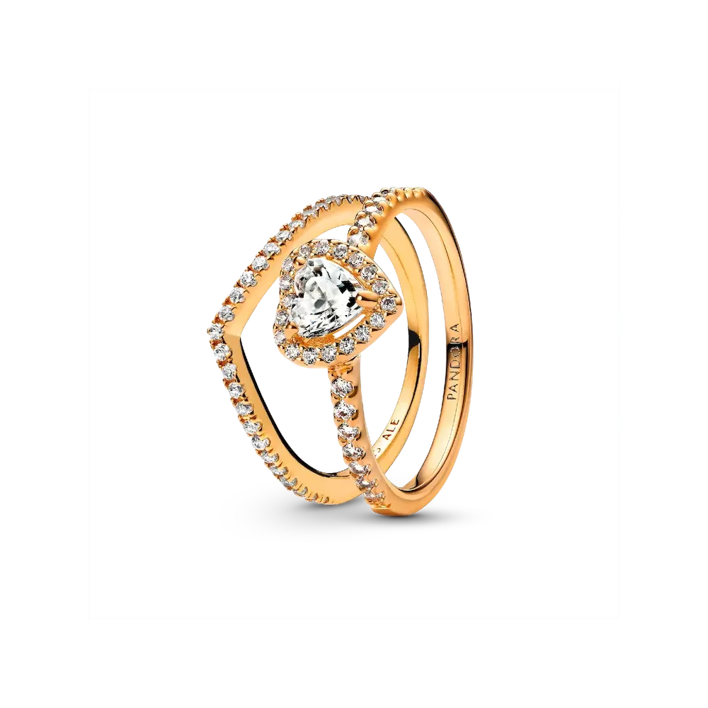 Playful Love Golden Elevated Heart Wishbone Ring Set