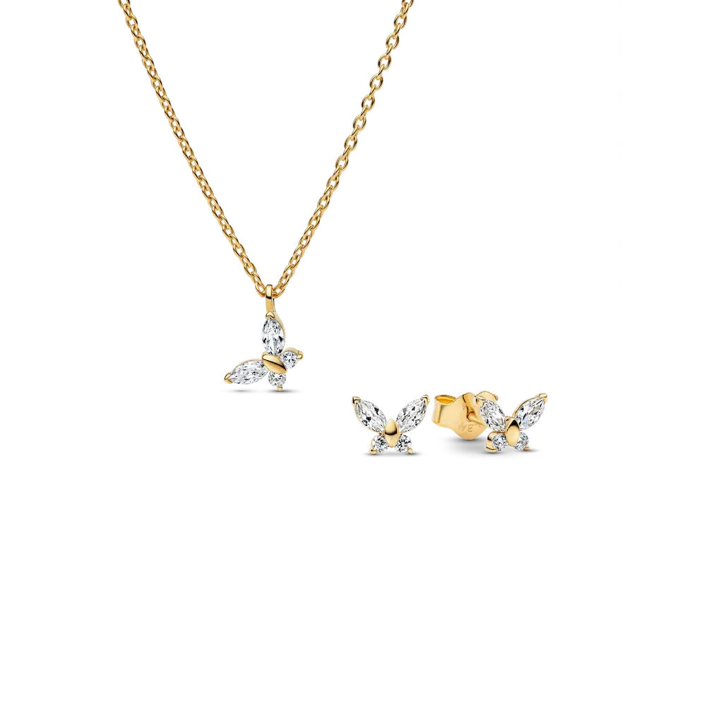 Gold-plated Sparkling Clear Butterfly Necklace and Earring Set