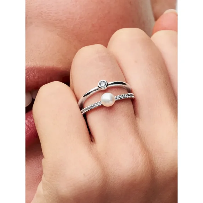 Treated Freshwater Cultured Pearl & Pavé Double Band Ring - Image 2