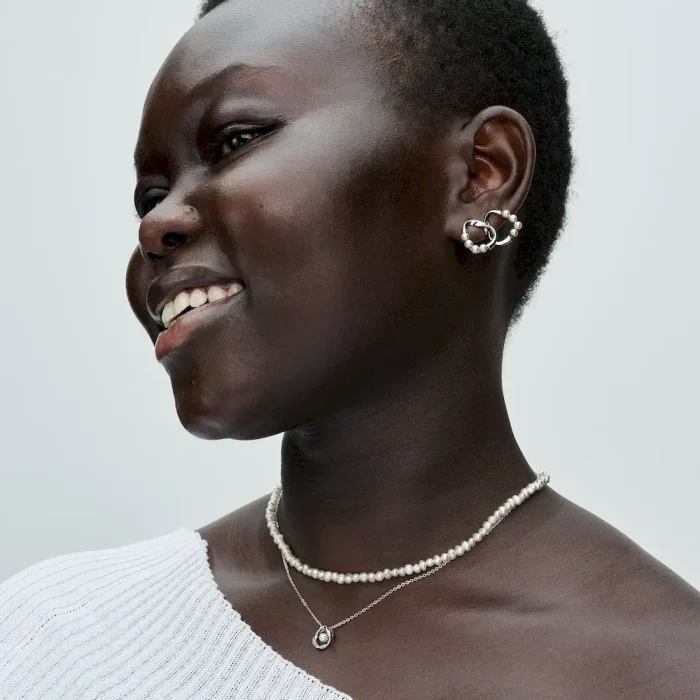 Organically Shaped Circle & Treated Freshwater Cultured Pearls Stud Earrings - Image 4